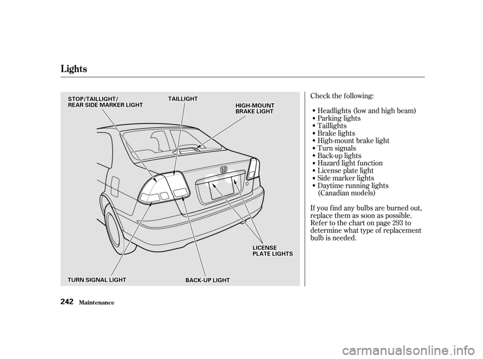 HONDA CIVIC 2001 7.G Owners Manual Check the f ollowing:Headlights (low and high beam) 
Parking lights
Taillights
Brake lights
High-mount brake light
Turn signals
Back-up lights
Hazard light f unction
License plate light
Side marker li