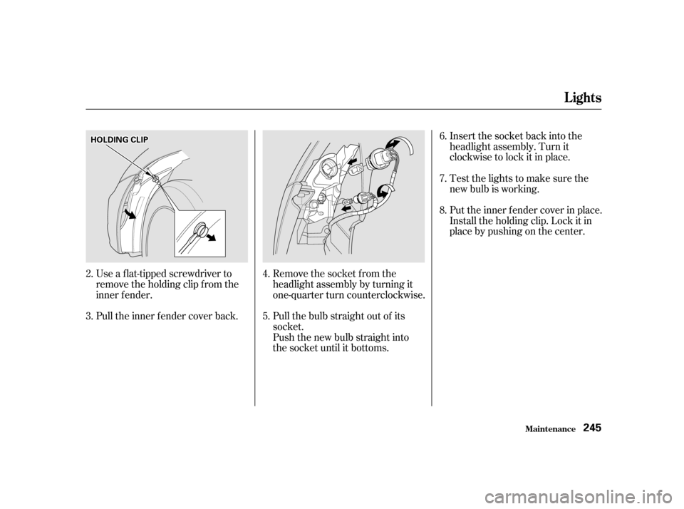 HONDA CIVIC 2001 7.G Owners Manual Use a f lat-tipped screwdriver to 
remove the holding clip f rom the
inner f ender. 
Pull the inner f ender cover back.Remove the socket from the 
headlight assembly by turning it
one-quarter turn cou