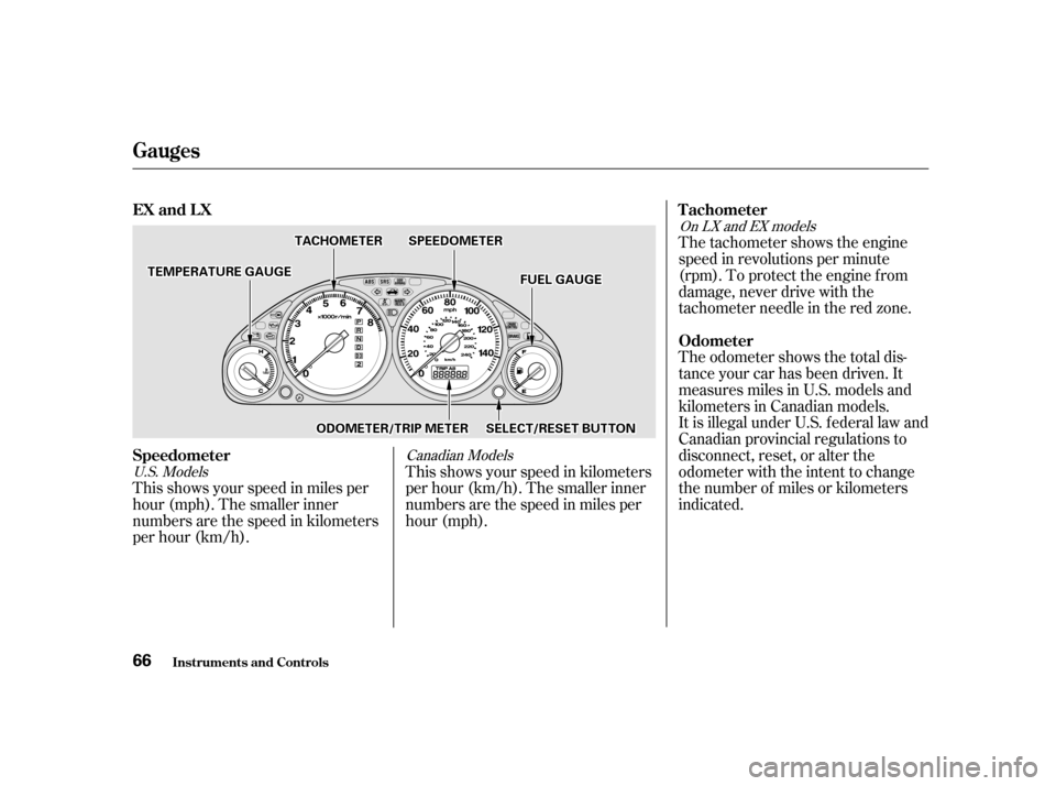 HONDA CIVIC 2001 7.G Repair Manual This shows your speed in miles per 
hour (mph). The smaller inner
numbers are the speed in kilometers
per hour (km/h).The tachometer shows the engine
speed in revolutions per minute
(rpm). To protect 