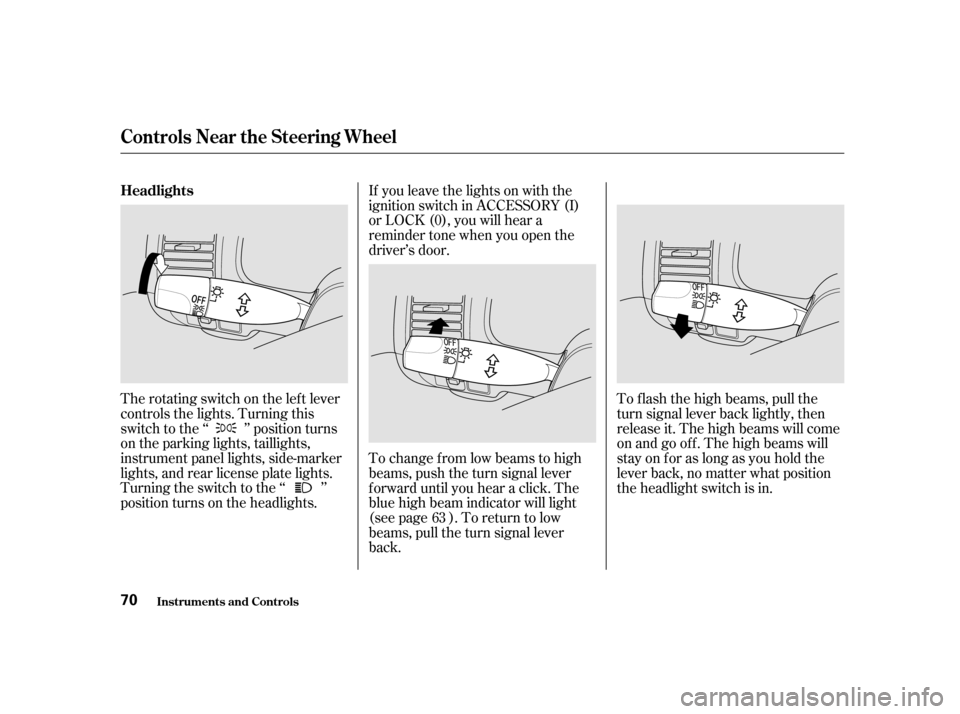 HONDA CIVIC 2001 7.G Repair Manual The rotating switch on the lef t lever 
controls the lights. Turning this
switch to the ‘‘ ’’ position turns
on the parking lights, taillights,
instrument panel lights, side-marker
lights, and