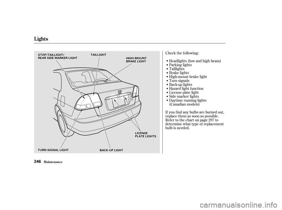 HONDA CIVIC 2002 7.G Owners Manual Check the f ollowing:Headlights (low and high beam) 
Parking lights
Taillights
Brake lights
High-mount brake light
Turn signals
Back-up lights
Hazard light f unction
License plate light
Side marker li