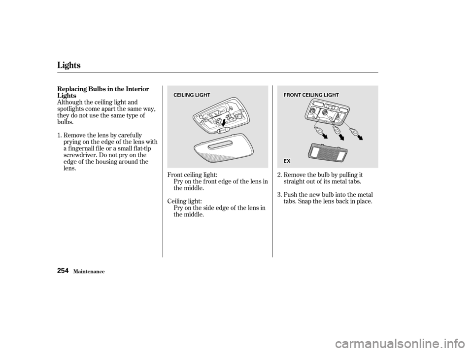 HONDA CIVIC 2002 7.G Owners Manual Although the ceiling light and 
spotlights come apart the same way,
theydonotusethesametypeofbulbs.Removethelensbycarefully
prying on the edge of the lens with
a f ingernail f ile or a small f lat-tip