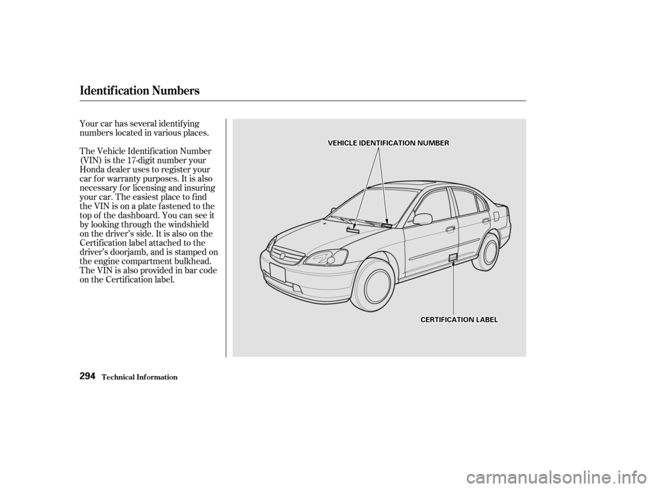 HONDA CIVIC 2002 7.G Owners Manual Your car has several identif ying 
numbers located in various places. 
The Vehicle Identif ication Number 
(VIN) is the 17-digit number your
Honda dealer uses to register your
car f or warranty purpos