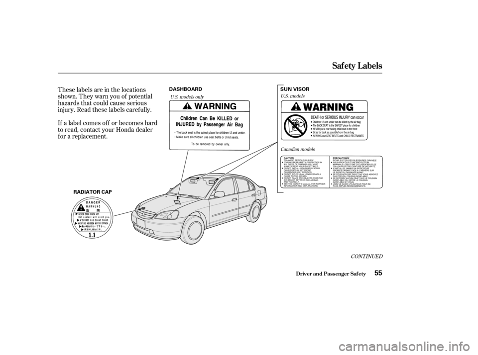 HONDA CIVIC 2002 7.G Workshop Manual These labels are in the locations 
shown. They warn you of potential
hazards that could cause serious
injury. Read these labels caref ully. 
If a label comes of f or becomes hard 
to read, contact you