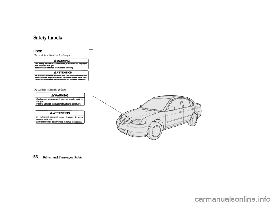 HONDA CIVIC 2002 7.G Workshop Manual On models without side airbagsOn models with side airbags
Saf ety L abels
Driver and Passenger Saf ety56
HOOD 