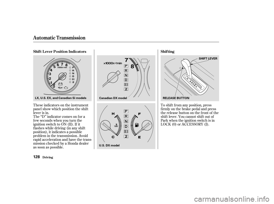 HONDA CIVIC 2004 7.G Owners Manual These indicators on the instrument 
panel show which position the shif t
lever is in.To shif t f rom any position, press
f irmly on the brake pedal and press
the release button on the front of the
shi