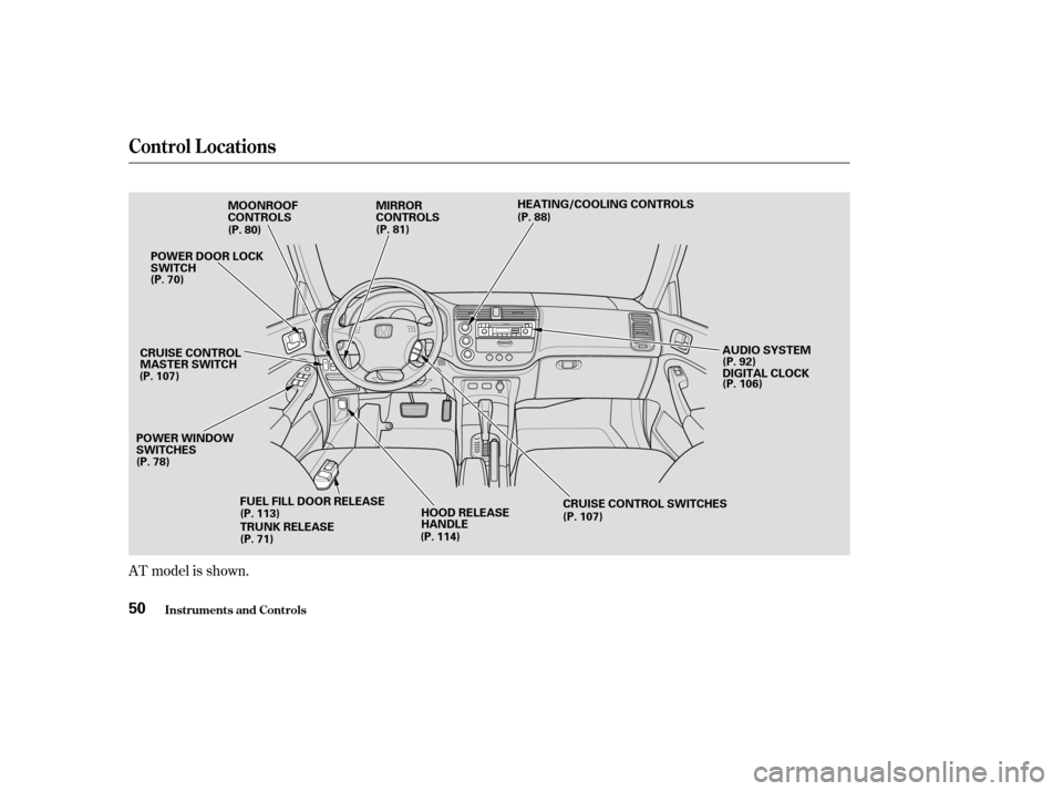 HONDA CIVIC 2004 7.G Owners Manual AT model is shown.
Control L ocations
Inst rument s and Cont rols50
HEATING/COOLING CONTROLS
FUEL FILL DOOR RELEASE 
TRUNK RELEASE CRUISE CONTROL SWITCHES
CRUISE CONTROL 
MASTER SWITCH
POWER DOOR LOCK