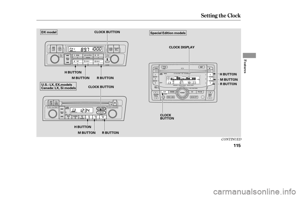 HONDA CIVIC 2005 7.G Owners Manual CONT INUED
Setting the Clock
Features
115
M BUTTON
H BUTTON
R BUTTON
H BUTTON
R BUTTON
M BUTTON CLOCK BUTTON
DX model
U.S.: LX, EX,models 
Canada: LX, Si models CLOCK
BUTTONM BUTTON 
R BUTTON
CLOCK DI