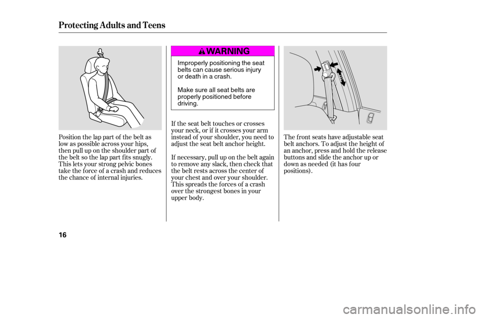 HONDA CIVIC 2005 7.G User Guide Position the lap part of the belt as
low as possible across your hips,
then pull up on the shoulder part of
the belt so the lap part f its snugly.
This lets your strong pelvic bones
take the force of HONDA CIVIC 2005 7.G User Guide Position the lap part of the belt as
low as possible across your hips,
then pull up on the shoulder part of
the belt so the lap part f its snugly.
This lets your strong pelvic bones
take the force of