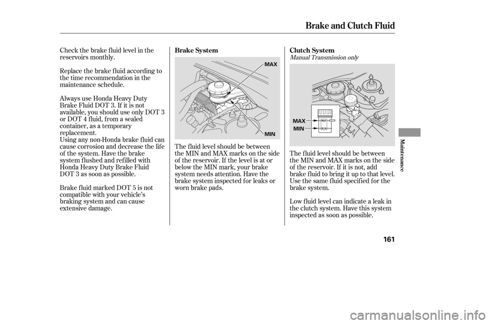 HONDA CIVIC 2005 7.G Owners Manual Check the brake f luid level in the 
reservoirs monthly. 
Always use Honda Heavy Duty 
Brake Fluid DOT 3. If it is not
available, you should use only DOT 3
or DOT 4 f luid, f rom a sealed
container, a