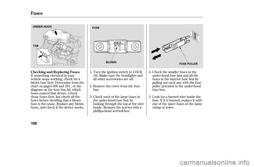 HONDA CIVIC 2005 7.G Owners Manual If something electrical in your 
vehicle stops working, check f or a
blown f use f irst. Determine f rom the
chart on pages and , or the
diagram on the f use box lid, which
f uses control that device.