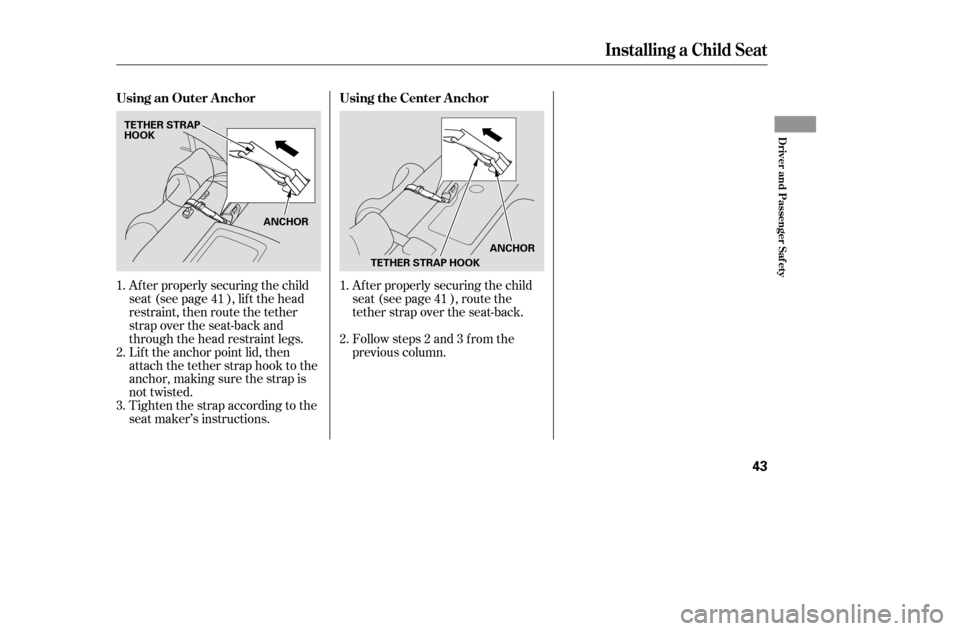 HONDA CIVIC 2005 7.G Owners Guide Af ter properly securing the child 
seat (see page ), lif t the head
restraint, then route the tether
strap over the seat-back and
through the head restraint legs.
Lif t the anchor point lid, then
att
