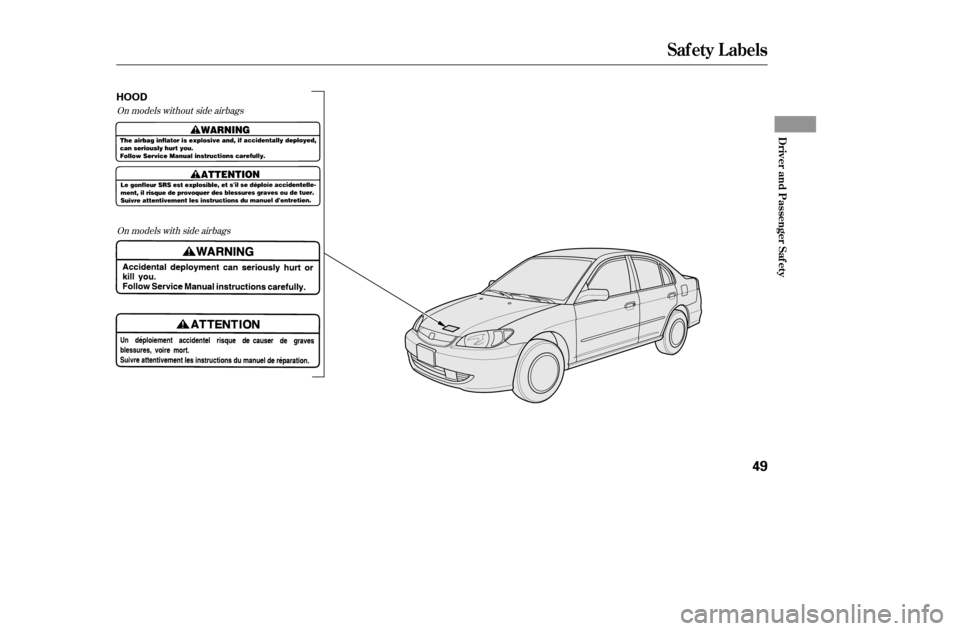 HONDA CIVIC 2005 7.G Service Manual On models without side airbagsOn models with side airbags
Saf ety L abels
Driver and Passenger Saf ety
49
HOOD
——y



y
(yy 