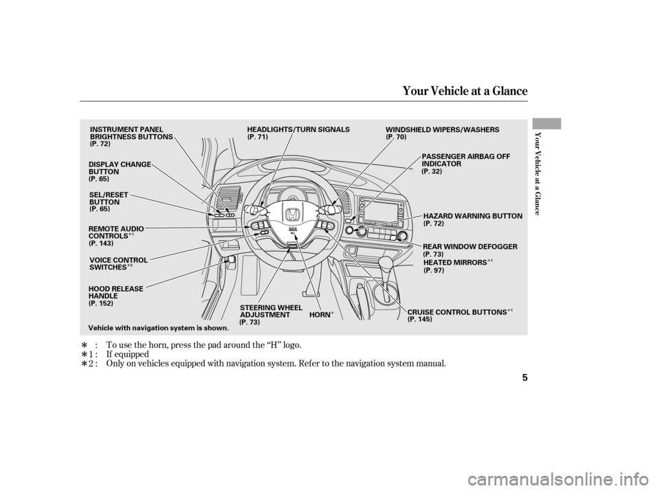 HONDA CIVIC 2006 8.G Owners Manual Î ÎÎ
Î
Î
ÎÎ
Î
To use the horn, press the pad around the ‘‘H’’ logo. 
Only on vehicles equipped with navigation system. Ref er to the navigati on system manual.
:
1: 2: If equip