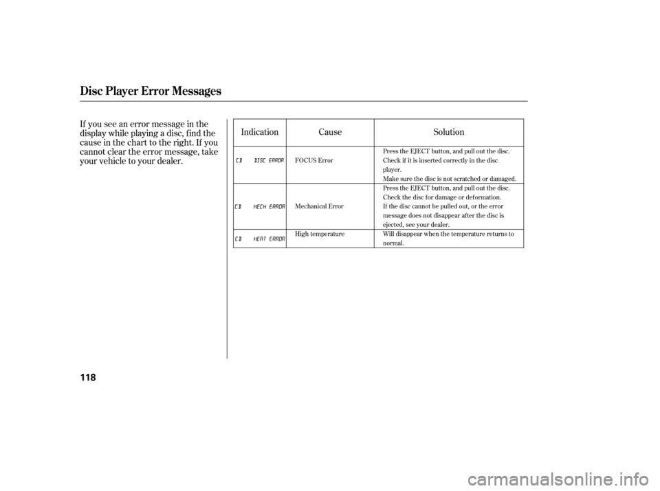 HONDA CIVIC 2006 8.G Owners Manual Indication
If you see an error message in the 
display while playing a disc, f ind the
cause in the chart to the right. If you
cannot clear the error message, take
your vehicle to your dealer. Solutio