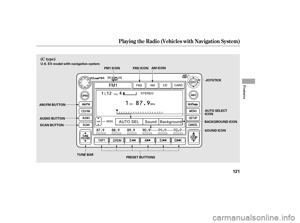HONDA CIVIC 2006 8.G Owners Manual Playing t he Radio (Vehicles with Navigat ion System)
Features
(C type)
121
U.S. EX model with navigation system
AM/FM BUTTON AUDIO BUTTONSCAN BUTTON BACKGROUND ICON
SOUND ICON
AM ICON
TUNE BAR FM1 IC