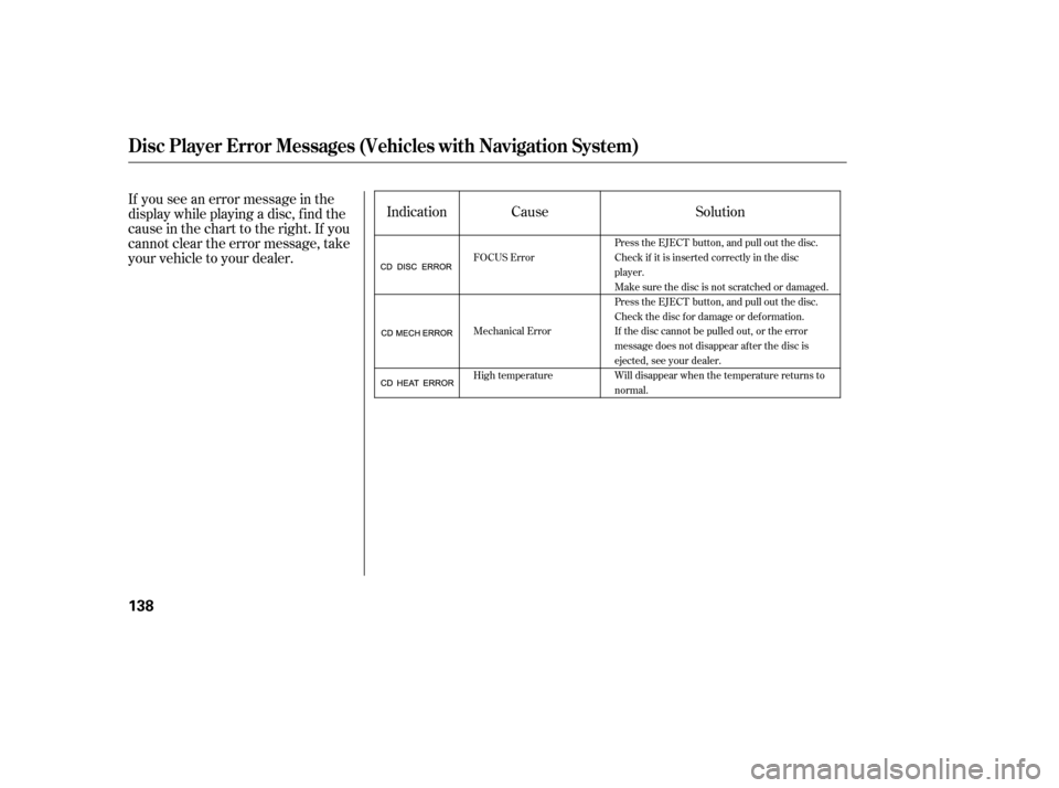 HONDA CIVIC 2006 8.G Owners Manual Cause
Indication Solution
If you see an error message in the 
display while playing a disc, f ind the
cause in the chart to the right. If you
cannot clear the error message, take
your vehicle to your 