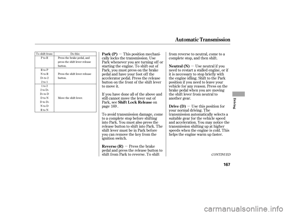 HONDA CIVIC 2006 8.G Owners Manual µµµ
µTo shift from: PtoR 
RtoP
NtoR
Dto2
2to1 
1to2
2toD
DtoD
DtoN
DtoD NtoD
RtoN Do this:
Press the brake pedal, and
press the shift lever release
button. 
Press the shift lever release 
butt