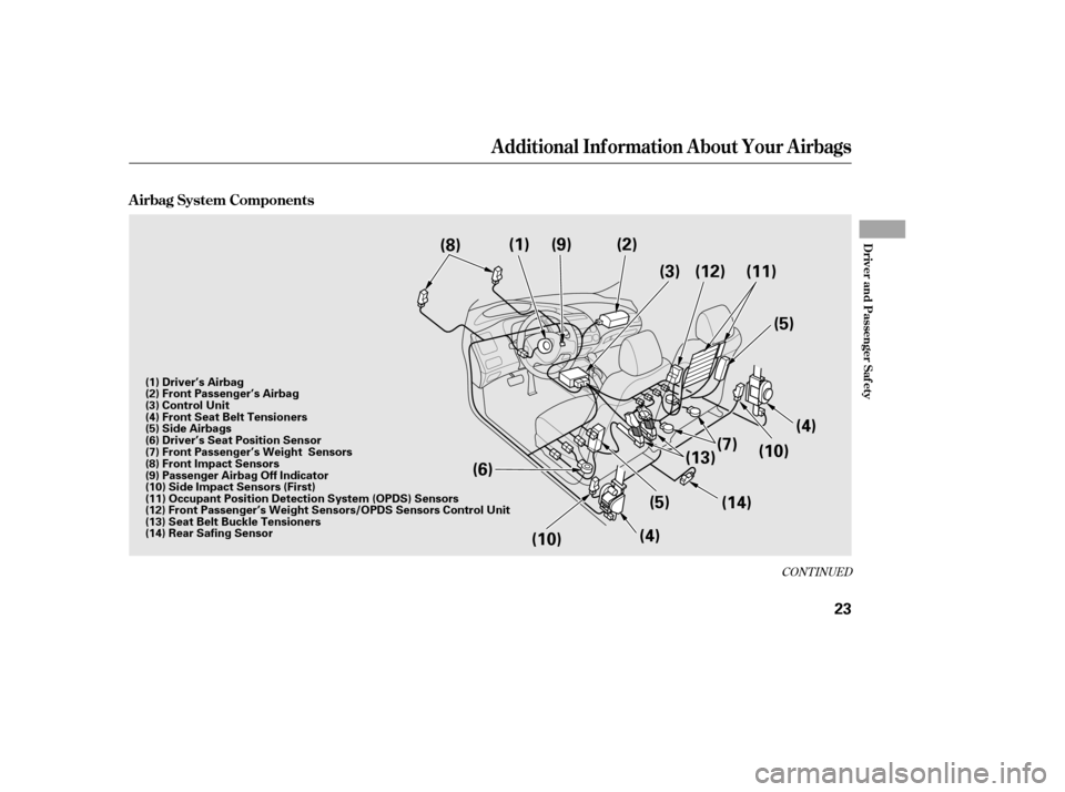 HONDA CIVIC 2006 8.G User Guide CONT INUED
A irbag System Components
Additional Inf ormation About Your Airbags
Driver and Passenger Saf ety
23
(9)
(8) (1) (2)
(3) (11)
(5)
(4)
(13) (7)
(10)
(14)
(5)
(4)
(6)
(10) (12)
(1) Driver’s