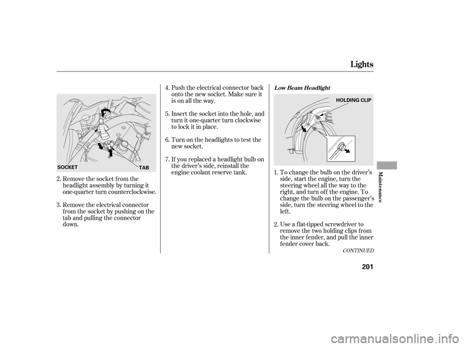 HONDA CIVIC 2006 8.G Owners Manual If youreplacedaheadlightbulbon 
the driver’s side, reinstall the
engine coolant reserve tank.
Remove the socket from the
headlight assembly by turning it
one-quarter turn counterclockwise. 
Remove t