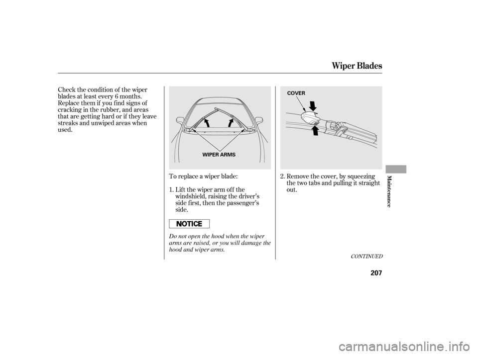 HONDA CIVIC 2006 8.G Owners Manual Check the condition of the wiper 
blades at least every 6 months.
Replace them if you f ind signs of
cracking in the rubber, and areas
that are getting hard or if they leave
streaks and unwiped areas 