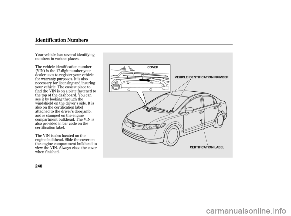 HONDA CIVIC 2006 8.G Owners Manual Your vehicle has several identif ying 
numbers in various places. 
The vehicle identif ication number 
(VIN) is the 17-digit number your
dealer uses to register your vehicle
f or warranty purposes. It