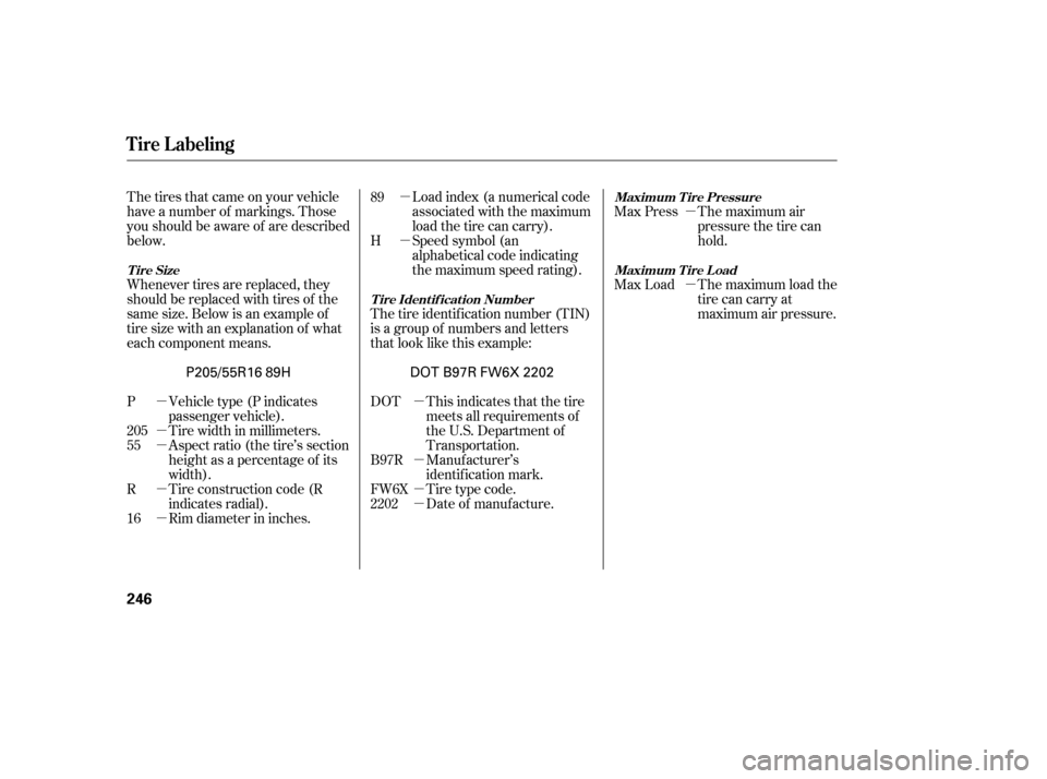 HONDA CIVIC 2006 8.G Owners Manual µ µ µ µ
µ µ µ µ µ µ µ
µ µ
Load index (a numerical code 
associated with the maximum
load the tire can carry).
Speed symbol (an
alphabetical code indicating
the maximum speed 
