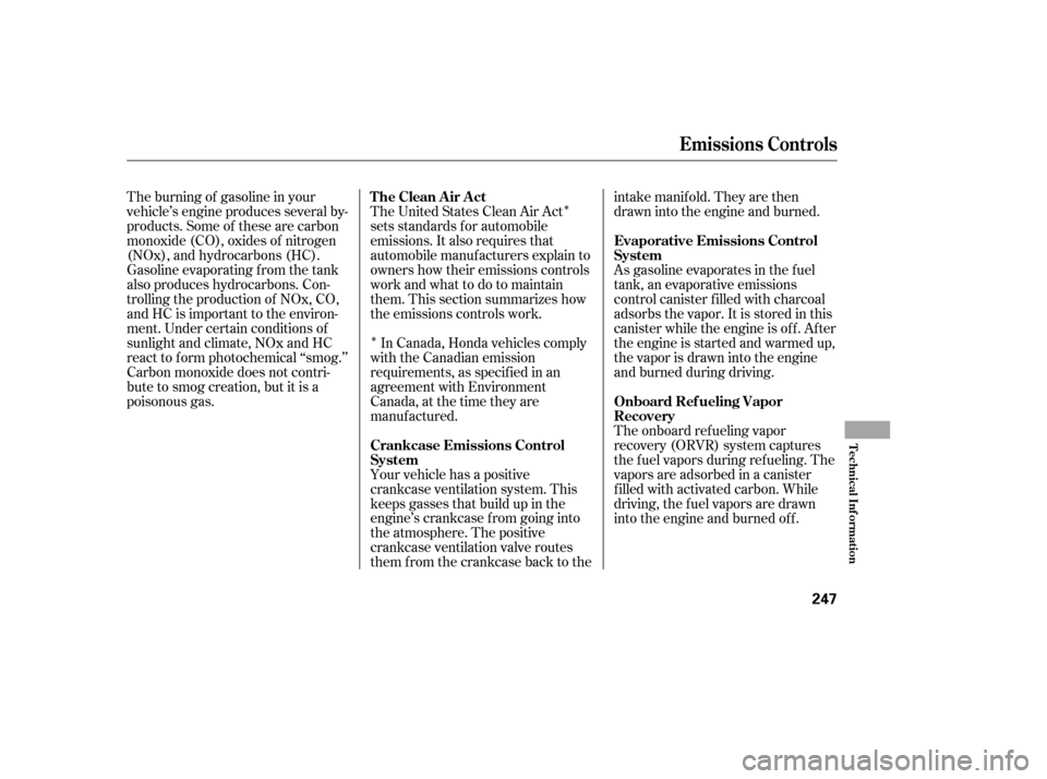 HONDA CIVIC 2006 8.G Owners Manual Î
Î
The burning of gasoline in your 
vehicle’s engine produces several by-
products. Some of these are carbon
monoxide (CO), oxides of nitrogen
(NOx), and hydrocarbons (HC).
Gasoline evaporating