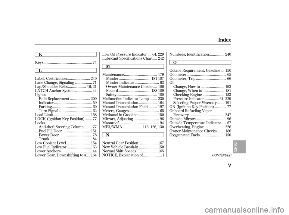 HONDA CIVIC 2006 8.G Owners Manual CONT INUED
..................................................
Keys . 74
.......................
Label, Certif ication . 240
.................
Lane Change, Signaling . 71
..................
Lap/Shoulde