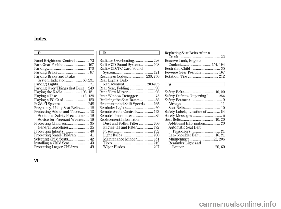 HONDA CIVIC 2006 8.G Owners Manual Î
..............
Panel Brightness Control . 72
........................
Park Gear Position . 167
...........................................
Parking . 170
.................................
Parking B