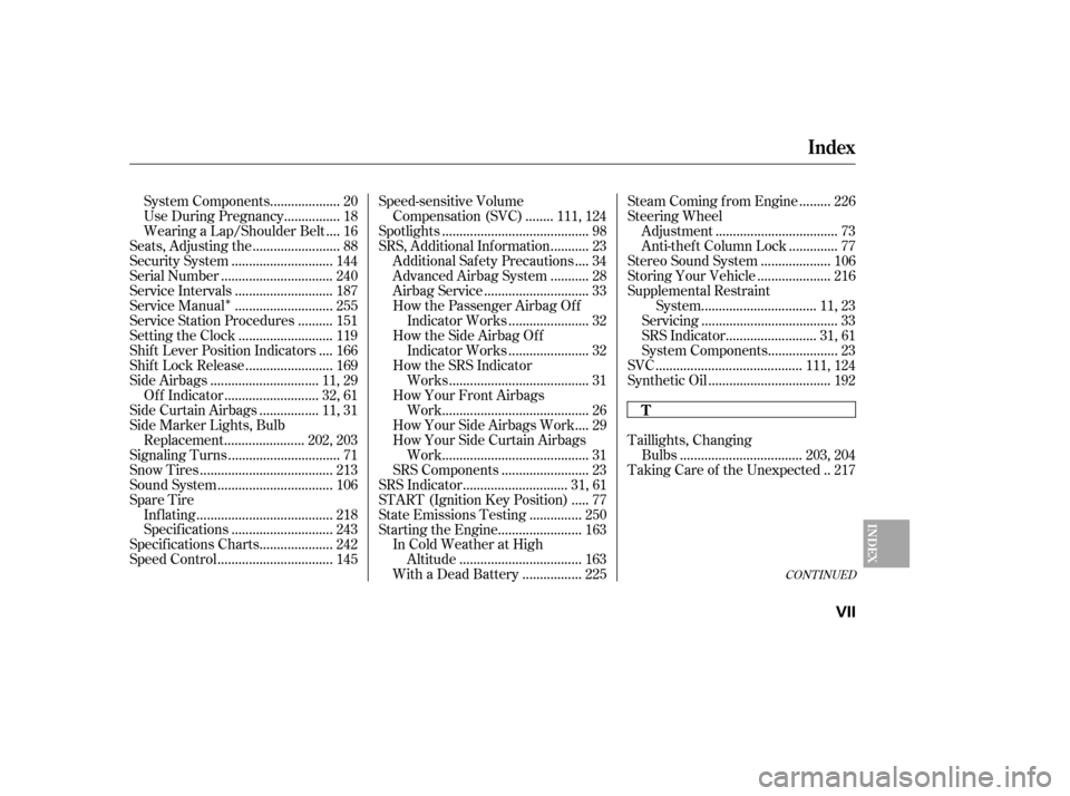 HONDA CIVIC 2006 8.G User Guide Î
CONT INUED
...................
System Components . 20
...............
Use During Pregnancy . 18
...
Wearing a Lap/Shoulder Belt . 16
........................
Seats, Adjusting the . 88
............