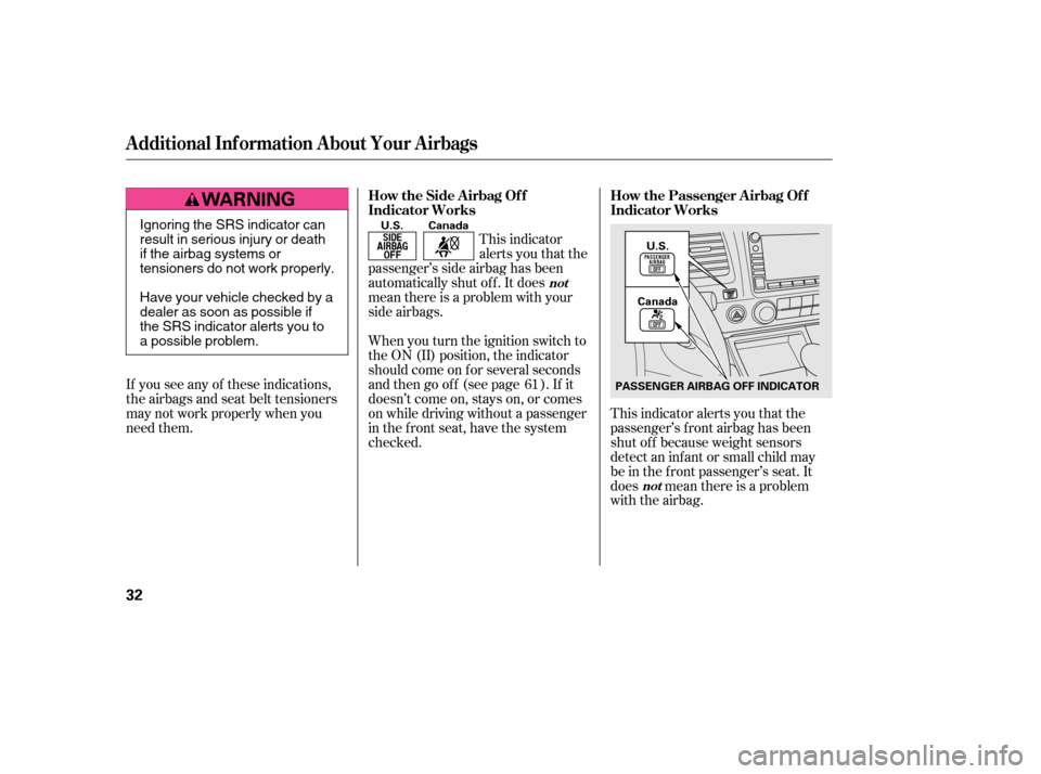 HONDA CIVIC 2006 8.G Owners Manual This indicator alerts you that the 
passenger’s f ront airbag has been
shut of f because weight sensors
detect an inf ant or small child may
be in the f ront passenger’s seat. It
does mean there i