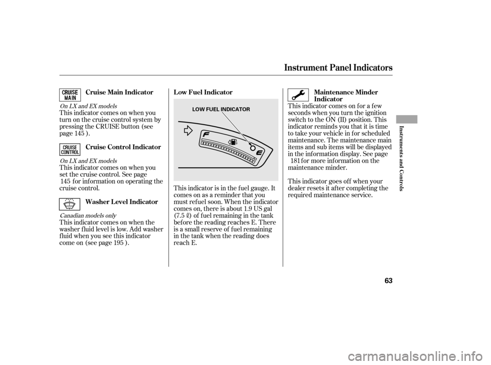 HONDA CIVIC 2006 8.G Workshop Manual This indicator comes on when you 
set the cruise control. See pagef or inf ormation on operating the
cruise control. 
This indicator comes on when the 
washer f luid level is low. Add washer
f luid wh