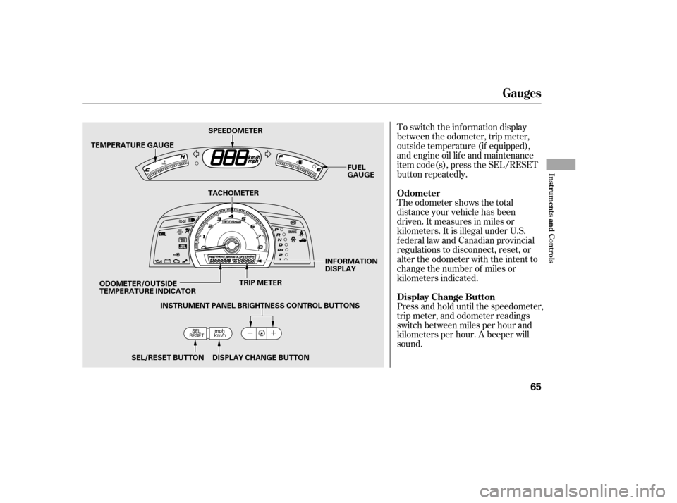 HONDA CIVIC 2006 8.G Owners Manual To switch the information display 
between the odometer, trip meter,
outside temperature (if equipped),
and engine oil lif e and maintenance
item code(s), press the SEL/RESET
button repeatedly. 
The o