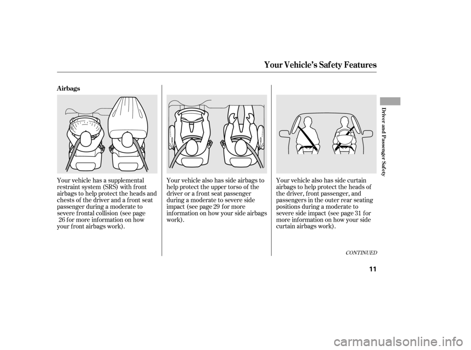 HONDA CIVIC 2006 8.G Owners Manual Your vehicle also has side curtain 
airbags to help protect the heads of
the driver, f ront passenger, and
passengers in the outer rear seating
positions during a moderate to
severe side impact (see p