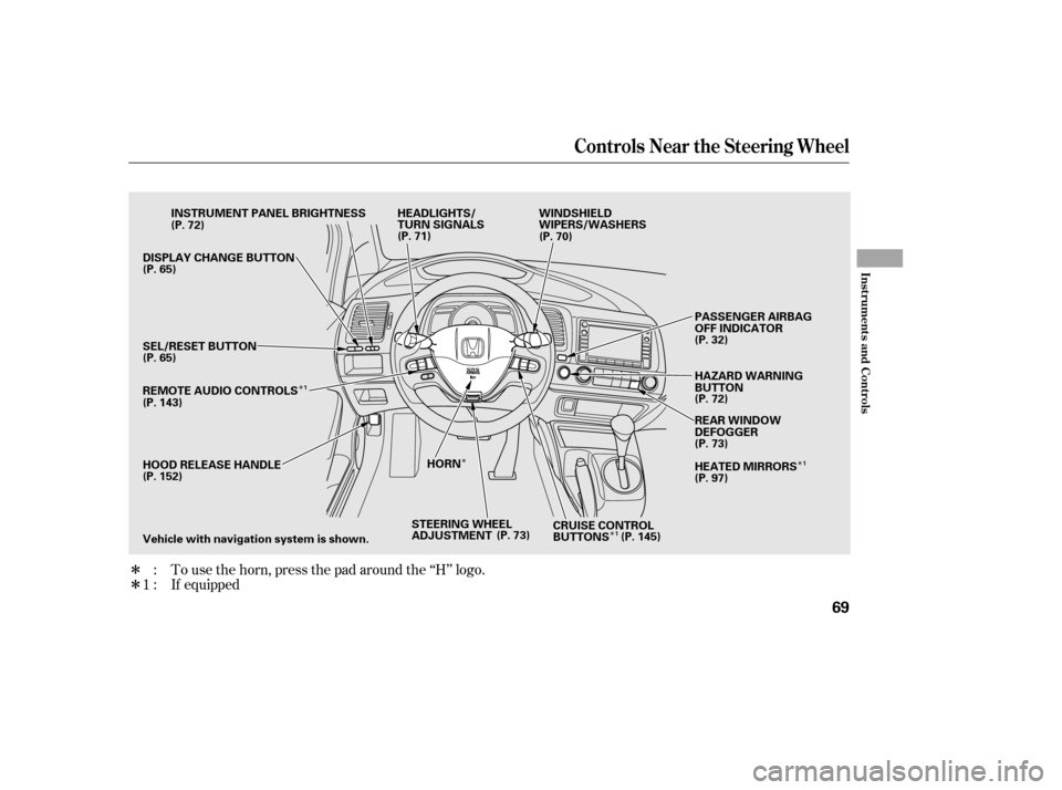HONDA CIVIC 2006 8.G Repair Manual ÎÎ
Î
Î
Î ÎTo use the horn, press the pad around the ‘‘H’’ logo.
:
1 : If equipped
Controls Near the Steering Wheel
Inst rument s and Cont rols
69
HEADLIGHTS/ 
TURN SIGNALS
HAZARD W