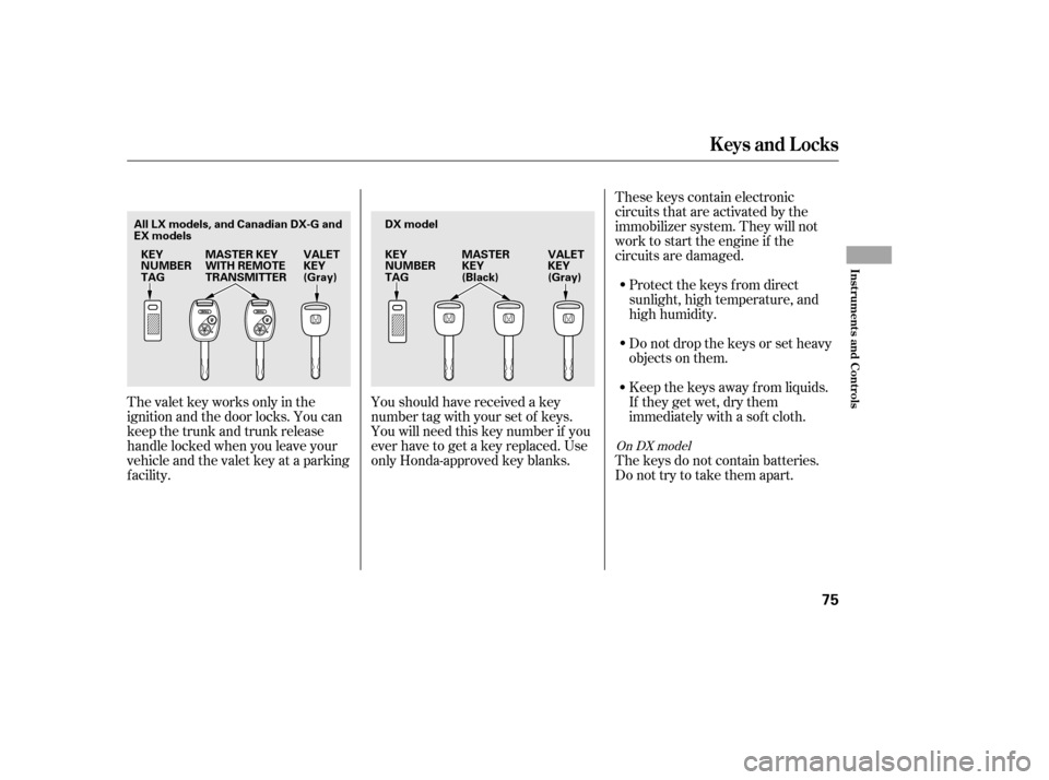 HONDA CIVIC 2006 8.G Repair Manual These keys contain electronic 
circuits that are activated by the
immobilizer system. They will not
work to start the engine if the
circuits are damaged.Protect the keys f rom direct
sunlight, high te