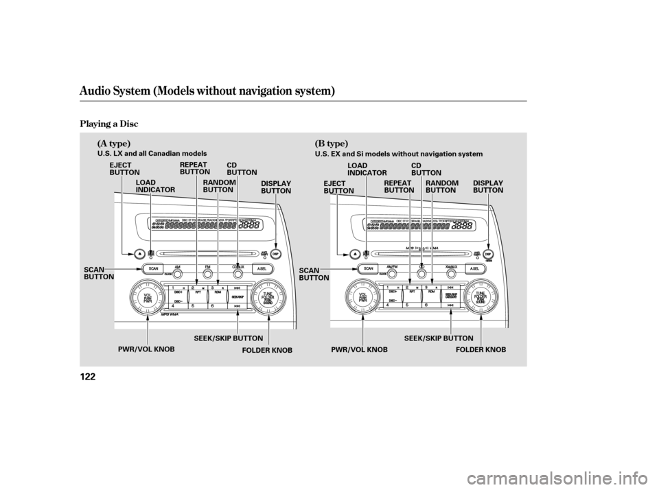 HONDA CIVIC 2007 8.G Owners Manual Audio System (Models without navigation system)
Playing a Disc(A type) (B type)
122
SCAN 
BUTTON
FOLDER KNOBSCAN
BUTTON
FOLDER KNOB
PWR/VOL KNOB
PWR/VOL KNOB
DISPLAY
BUTTON
RANDOM
BUTTON
REPEAT
BUTTON