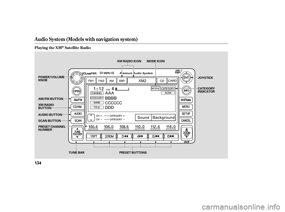 HONDA CIVIC 2007 8.G Owners Manual Audio System (Models with navigation system)
Playing the XMSatellite Radio
134
TUNE BAR
SCAN BUTTON JOYSTICK
CATEGORY 
INDICATOR
AUDIO BUTTON
XM RADIO
BUTTON
POWER/VOLUMEKNOB
PRESET BUTTONS
AM/FM BUTT