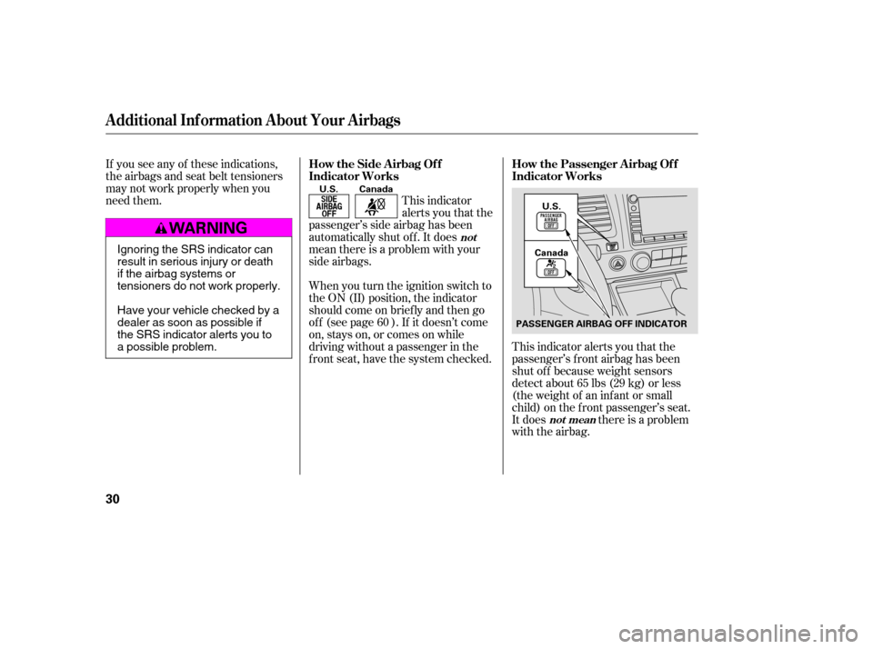 HONDA CIVIC 2007 8.G Owners Manual This indicator 
alerts you that the
passenger’s side airbag has been
automatically shut off. It does
mean there is a problem with your
side airbags. 
When you turn the ignition switch to 
the ON (II