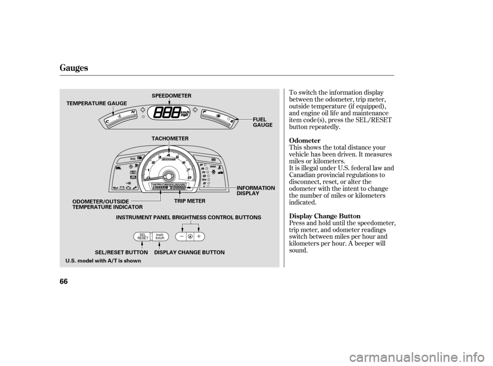 HONDA CIVIC 2007 8.G Owners Manual To switch the information display 
between the odometer, trip meter,
outside temperature (if equipped),
and engine oil lif e and maintenance
item code(s), press the SEL/RESET
button repeatedly. 
Press