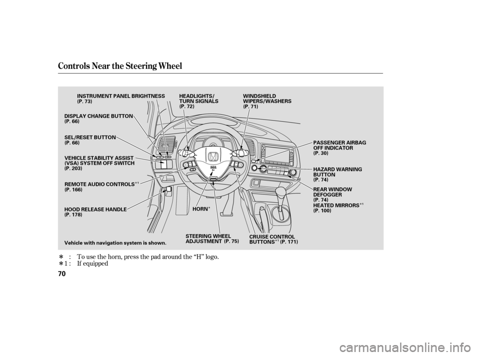HONDA CIVIC 2007 8.G Manual PDF ÎÎ
Î
Î
Î ÎTo use the horn, press the pad around the ‘‘H’’ logo.
:
1 : If equipped
Controls Near the Steering Wheel
70
HEADLIGHTS/ 
TURN SIGNALS
HAZARD WARNING
BUTTON
PASSENGER AIRB