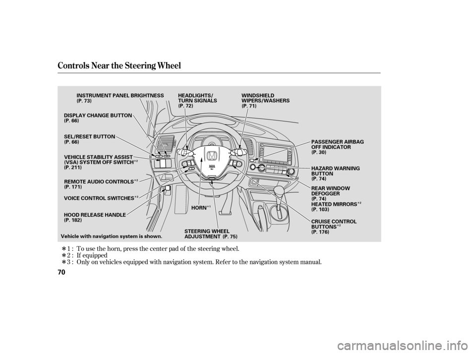 HONDA CIVIC 2008 8.G Owners Manual Î
Î
Î Î Î
Î
Î ÎÎ Only on vehicles equipped with navigation system. Ref er to the navigati on system manual.
To use the horn, press the center pad of the steering wheel.
If equipped
1