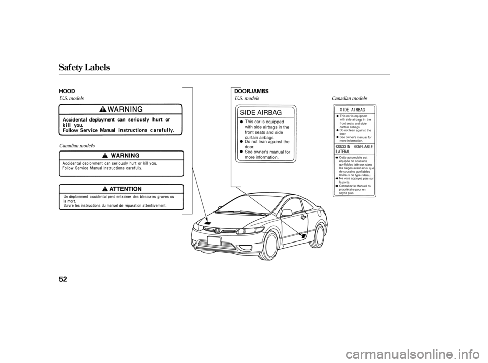 HONDA CIVIC 2008 8.G User Guide Canadian models
U.S. models
Canadian models U.S. models
Saf ety L abels
52
HOOD
DOORJAMBS
——

y

y
(+yy 
