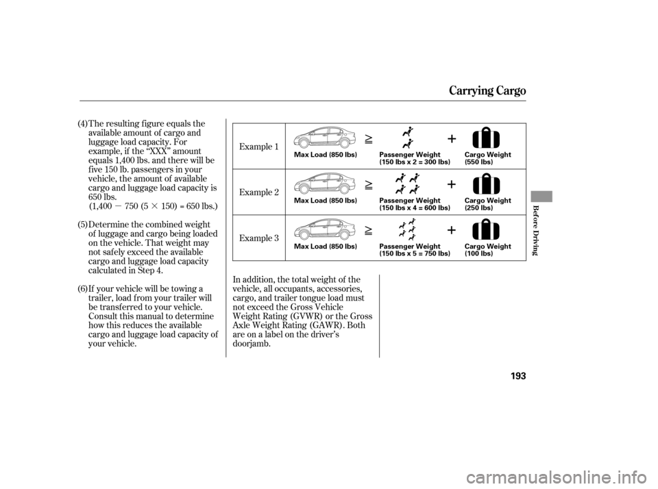 HONDA CIVIC 2008 8.G Owners Manual µ·
The resulting f igure equals the 
available amount of cargo and
luggage load capacity. For
example, if the ‘‘XXX’’ amount
equals 1,400 lbs. and there will be
f ive 150 lb. passengers in