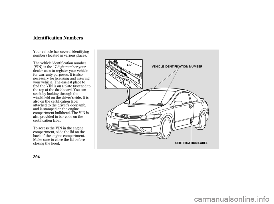 HONDA CIVIC 2008 8.G Workshop Manual Your vehicle has several identif ying 
numbers located in various places. 
The vehicle identif ication number 
(VIN) is the 17-digit number your
dealer uses to register your vehicle
f or warranty purp