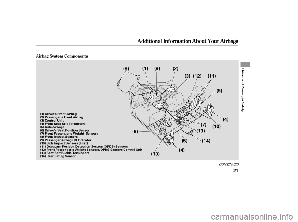 HONDA CIVIC 2009 8.G Owners Manual CONT INUED
A irbag System Components
Additional Inf ormation About Your Airbags
Driver and Passenger Saf ety
21
(9)
(8) (1) (2)
(3)
(5)
(4)
(13) (10)
(14)
(5)
(4)
(6)
(10) (12) (11)
(7)
(8) Front Impa