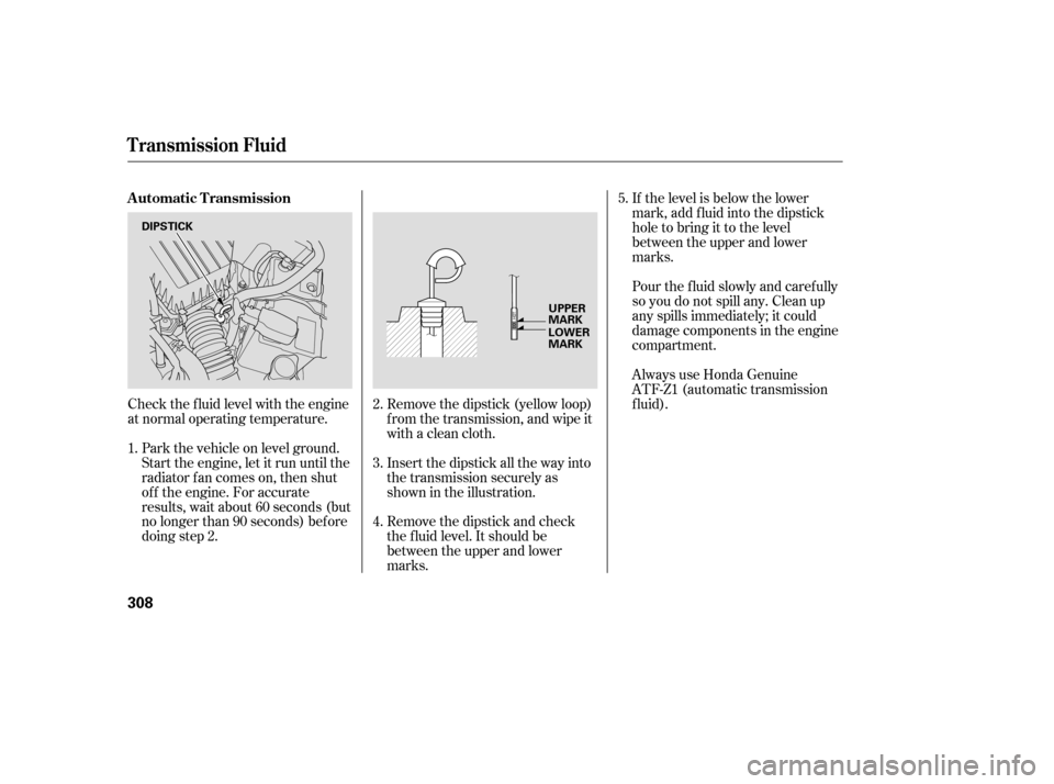 HONDA CIVIC 2009 8.G Owners Manual Check the f luid level with the engine 
at normal operating temperature.If the level is below the lower
mark, add f luid into the dipstick
hole to bring it to the level
between the upper and lower
mar