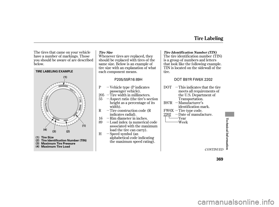 HONDA CIVIC 2009 8.G Owners Manual µ µ µ µ
µ µ µ µ µ µ µ
The tires that came on your vehicle 
have a number of markings. Those
you should be aware of are described
below.
The tire identif ication number (TIN)
is a