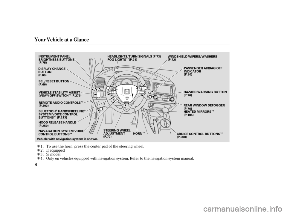 HONDA CIVIC 2009 8.G Owners Manual ÎÎ
Î
Î Î
Î Î
Î
Î ÎÎÎ Only on vehicles equipped with navigation system. Ref er to the navigati on system manual.
To use the horn, press the center pad of the steering wheel.
If 